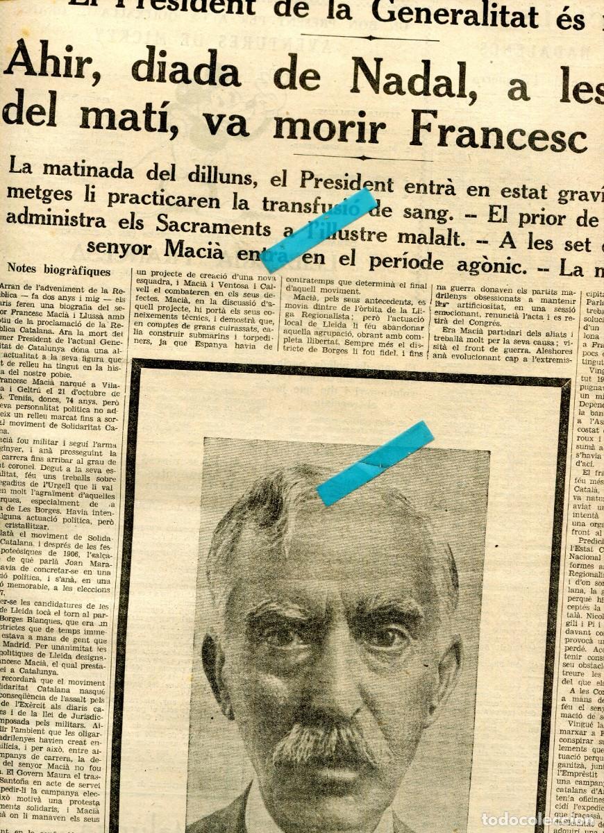 Cataloghi pubblicitari: DIARI ANY 1933 MORT DEL PRESIDENT DE LA GENERALITAT DE CATALUNYA FRANCESC MACIA