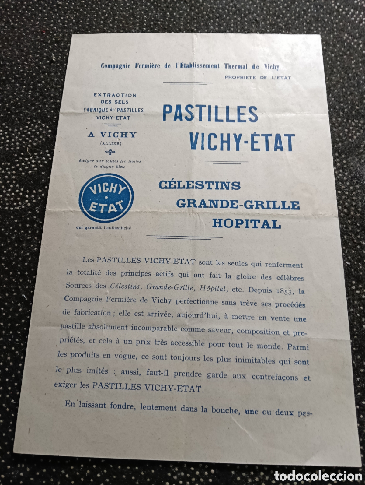 Catalogues publicitaires: Anuncio antiguo de las pastillas Vichy-&Eacute;tat, un caramelo tradicional franc&eacute;s conocido por sus propie