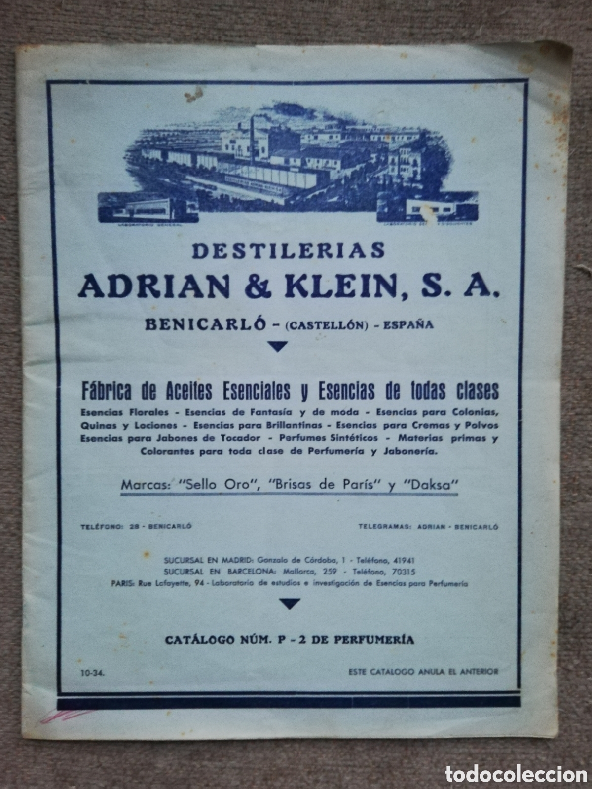 Cat&aacute;logos publicitarios: Destiler&iacute;as Adrian & Klein, S. A. Bernicarl&oacute;, Castell&oacute;n. Cat&aacute;logo n&uacute;m. P-2 de Perfumer&iacute;a
