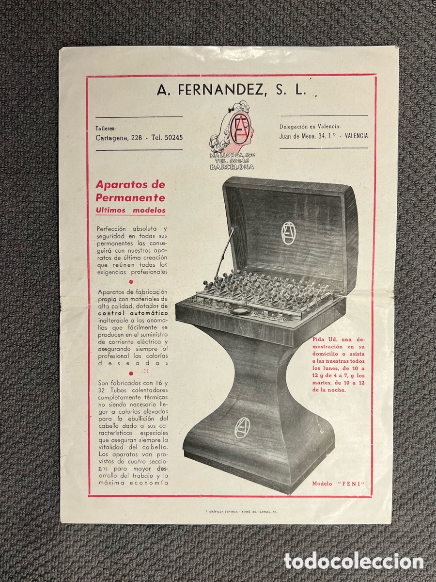 Cat&aacute;logos publicitarios: BARCELONA.. Publicidad de Peluquer&iacute;a A. Fernandez. Aparatos de Permanente&hellip; (h.1960?)