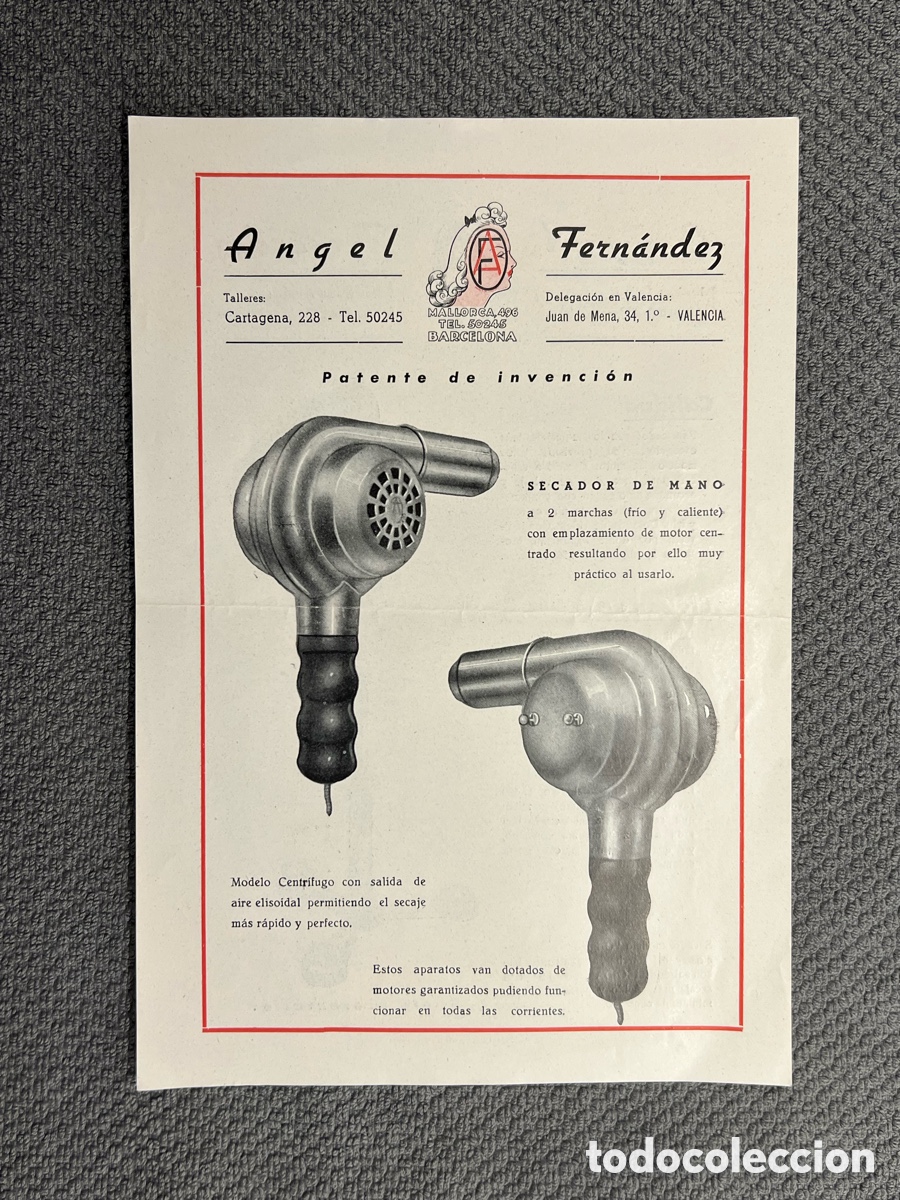 Cat&aacute;logos publicitarios: BARCELONA.. Publicidad de Peluquer&iacute;a A. Fernandez. Secador de mano&hellip; (h.1960?)