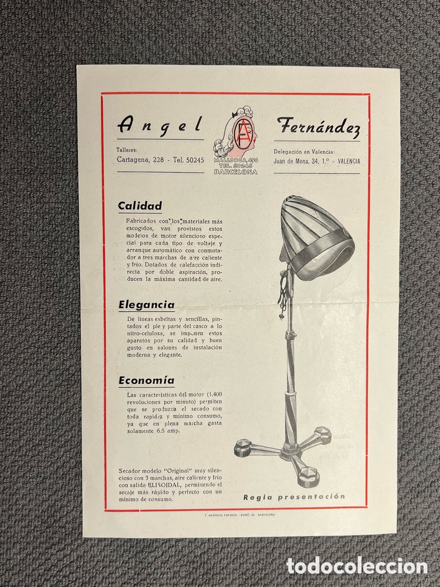 Cat&aacute;logos publicitarios: BARCELONA.. Publicidad de Peluquer&iacute;a A. Fernandez. Secador de pie&hellip; (h.1960?)