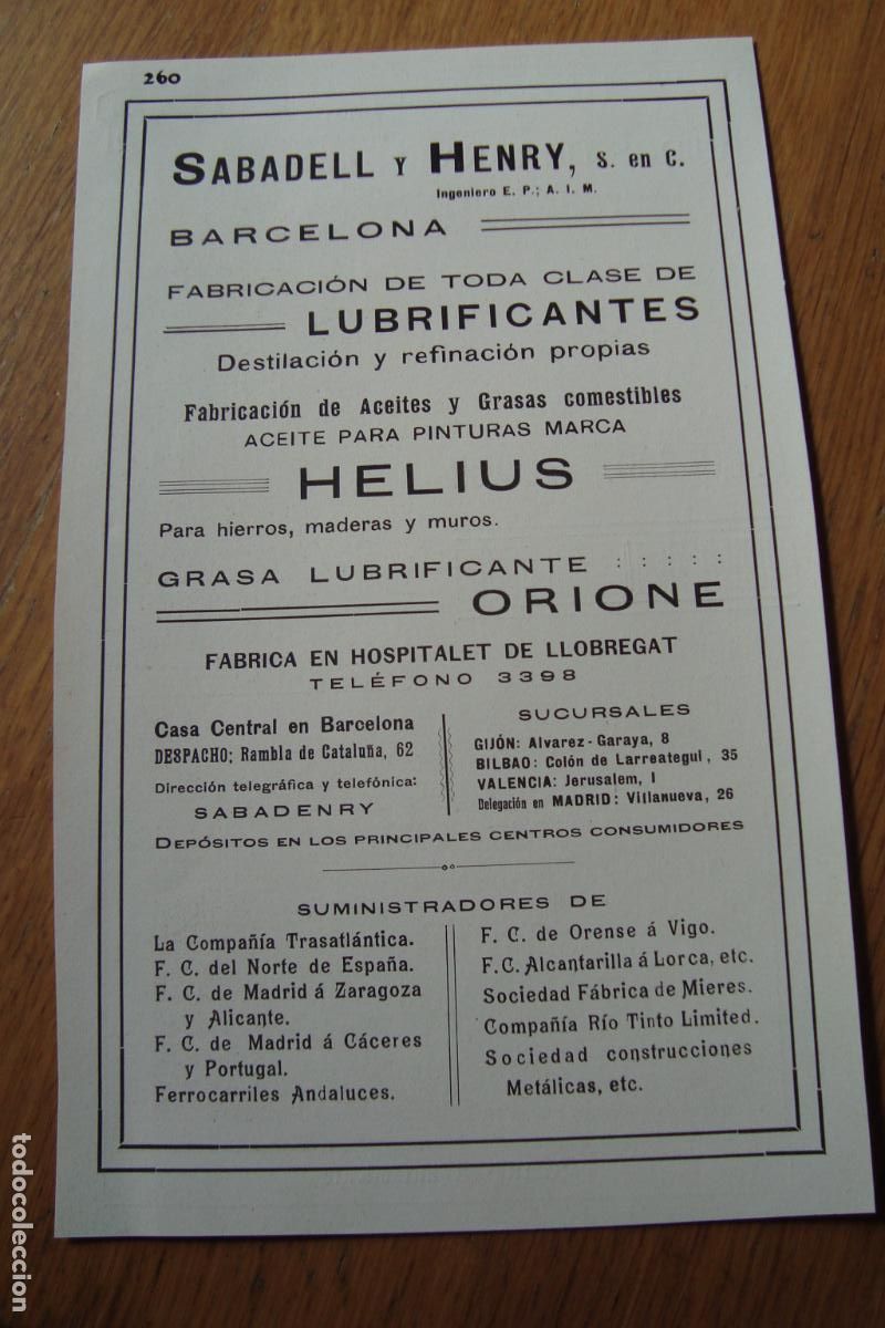 Cat&aacute;logos publicitarios: ANTIGUA PUBLICIDAD SABADELL Y HENRY LUBRICANTES HELIUS ORIONE HOSPITALET LLOBREGAT BARCELONA