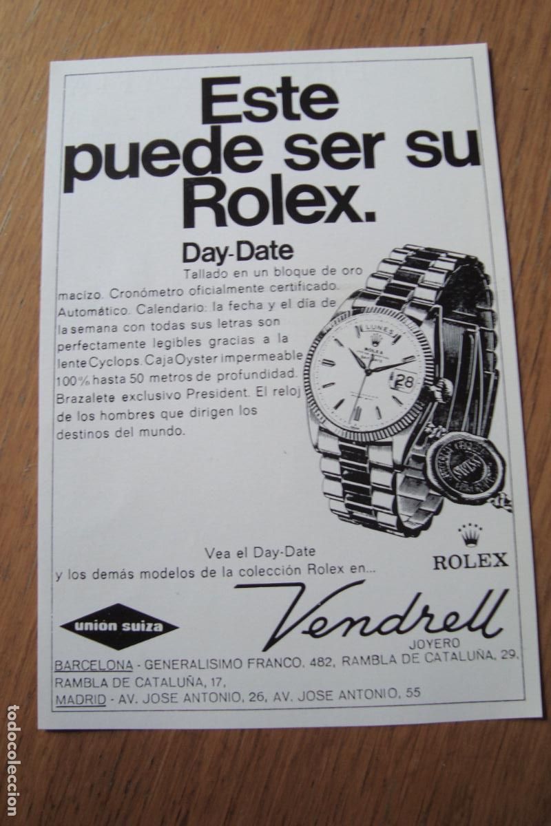 Cat&aacute;logos publicitarios: ANTIGUA PUBLICIDAD RELOJ ROLEX DAY-DATE. VENDRELL JOYERO BARCELONA