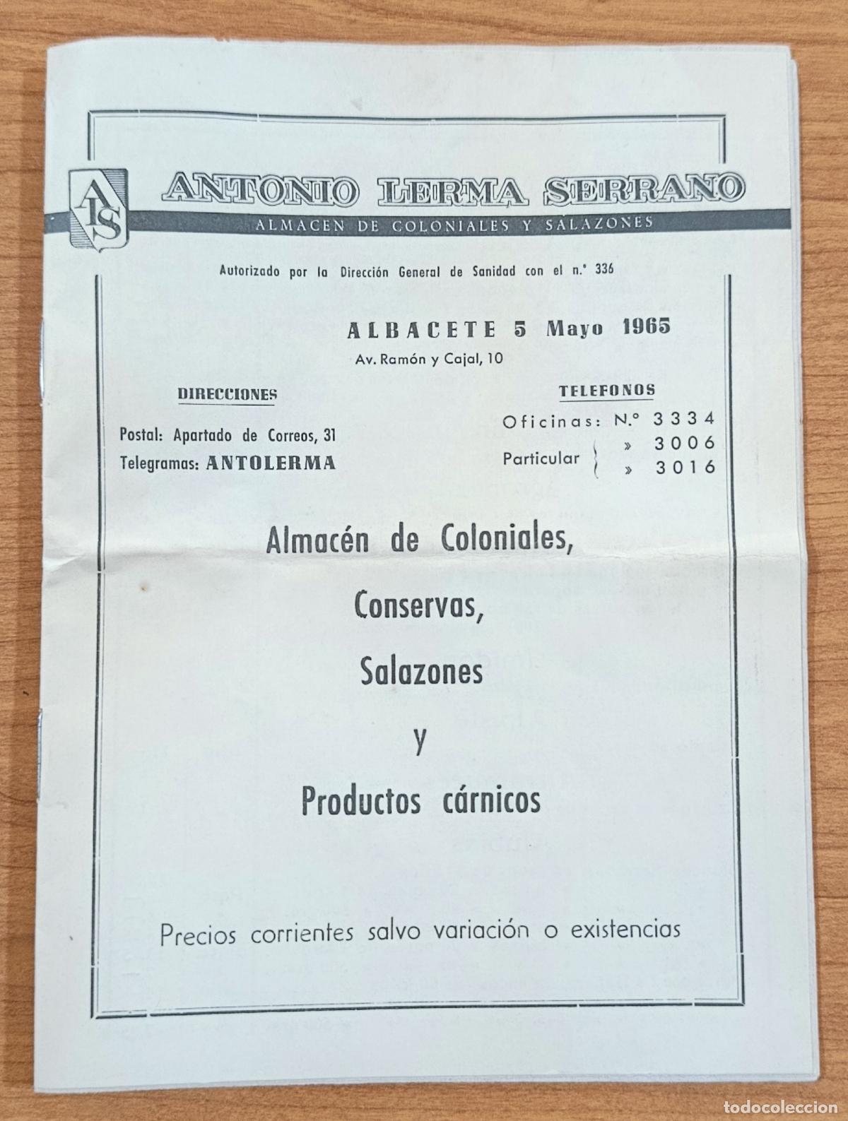 Cat&aacute;logos publicitarios: CATALOGO LISTADO DE PRECIO COLONIALES, CONSERVAS ANTONIO LERMA SERRANO, ALBACETE. 1965