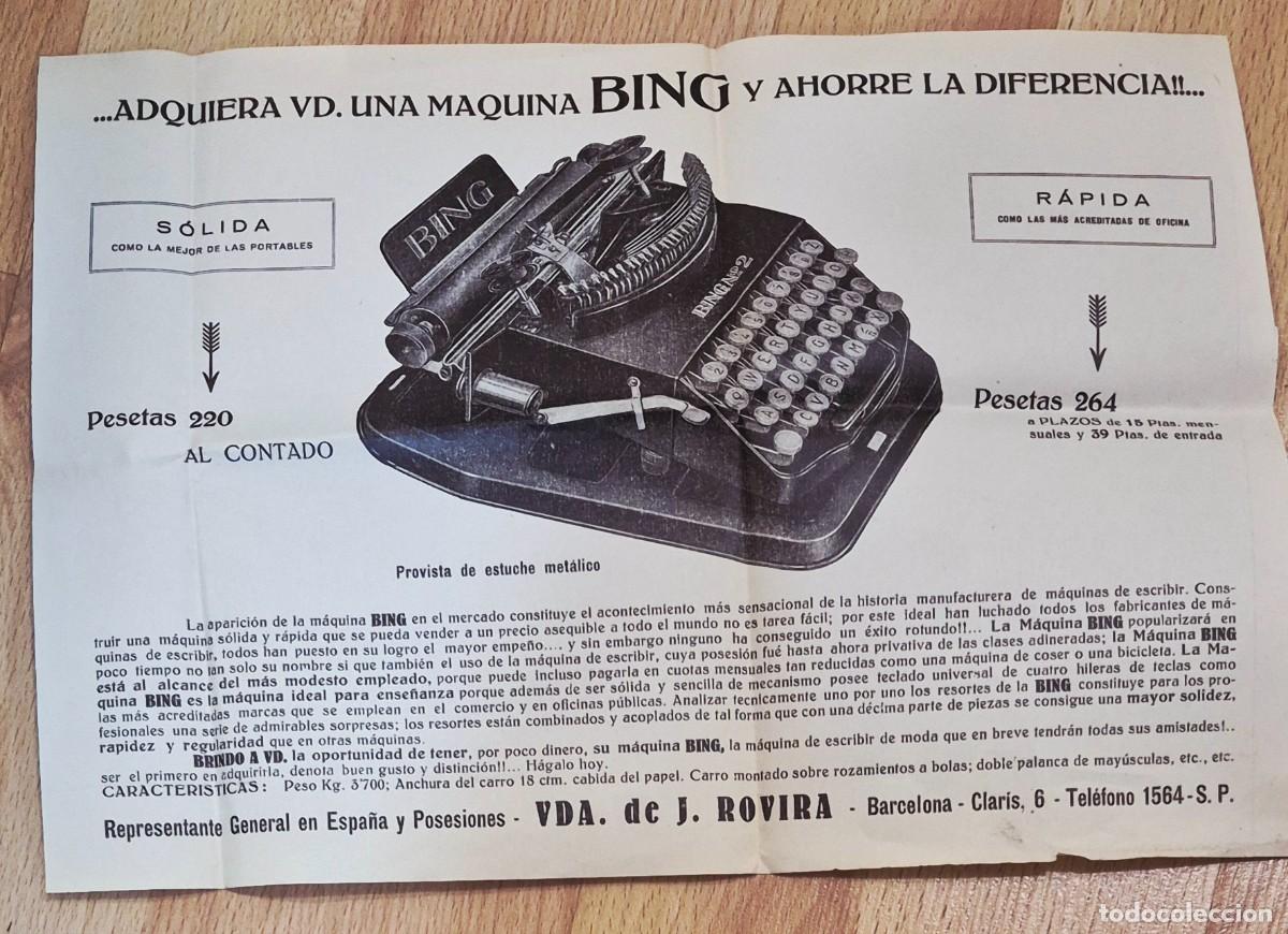 Cat&aacute;logos publicitarios: CARTER PUBLICITARIO CATALOGO MAQUINA ESCRIBIR BING J. ROVIRA - CARTEL 21 X 32 CM. ORIGINAL a&ntilde;os 20