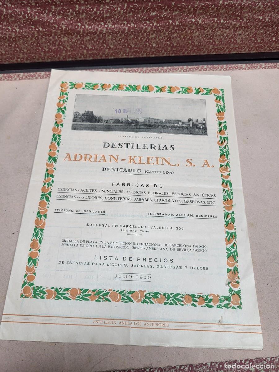 Cat&aacute;logos publicitarios: ANTIGUO CATALOGO DESTILERIAS ADRIAN KLEIN BENICARLO CASTELLON JULIO 1930