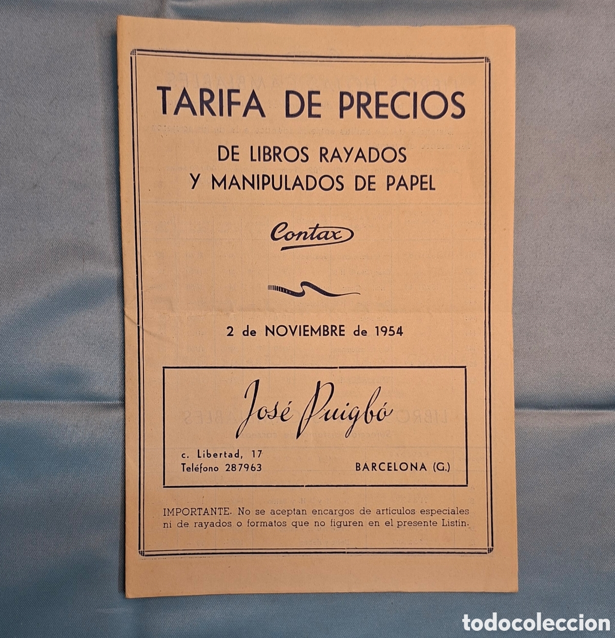 Cat&aacute;logos publicitarios: Tarifa de precios &ndash; Jos&eacute; Puigb&oacute;, Contax, Barcelona, 1954