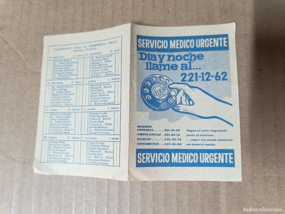 Cat&aacute;logos publicitarios: ANTIGUO FOLLETO DE PUBLICIDAD, SERVICIO MEDICO URGENTE, CON CALENDARIO LIGA DE FUTBOL 1962 -P22