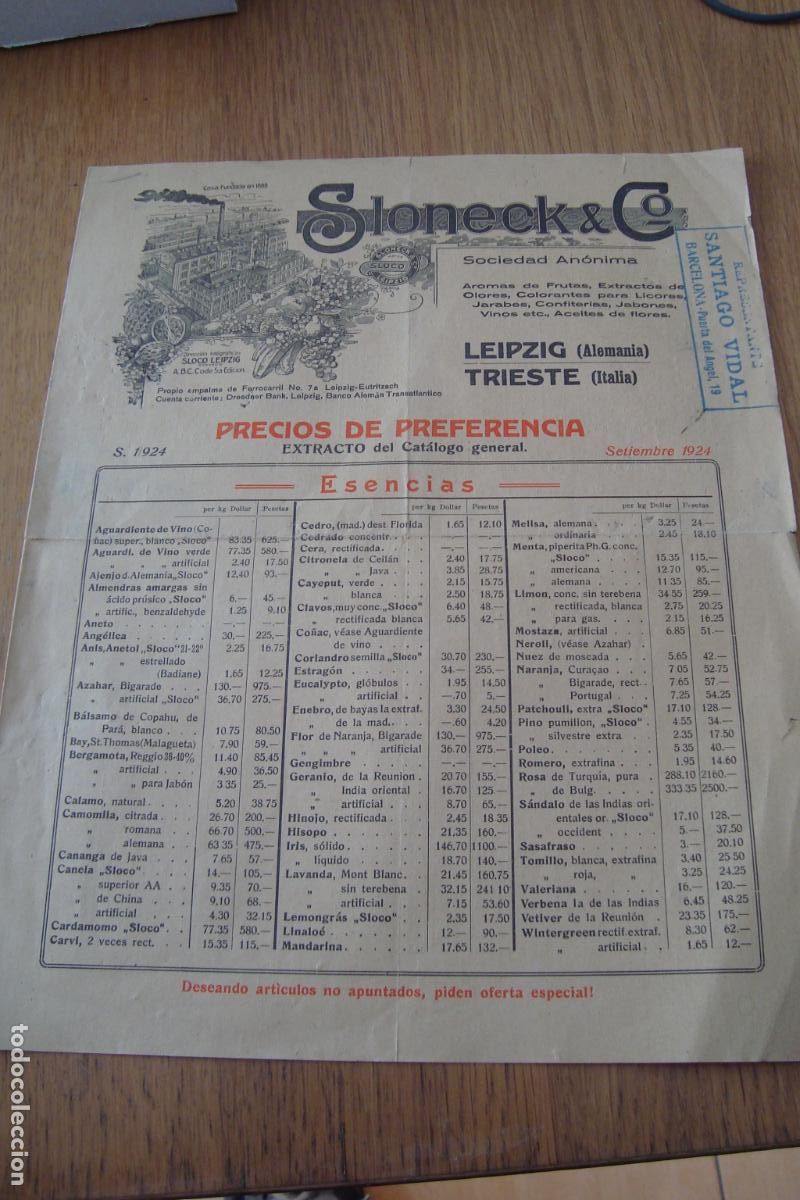 Cat&aacute;logos publicitarios: ANTIGUO CATALOGO SLONECK & CO. LEIPZIG. AROMAS DE FRUTAS. EXTRACTOS OLORES. 1924