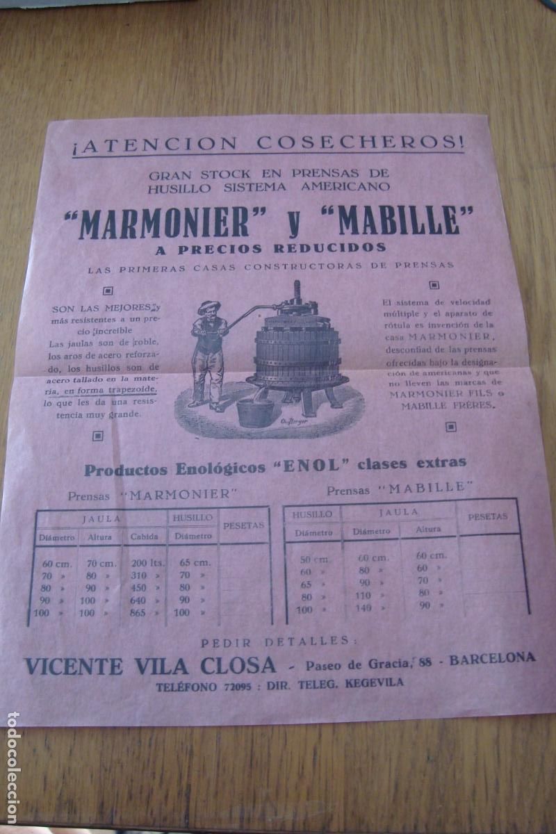 Cat&aacute;logos publicitarios: ANTIGUA PUBLICIDAD VICENTE VILA CLOSA. PRODUCTOS ENOLOGICOS. MARMONIER MABILLE. BARCELONA