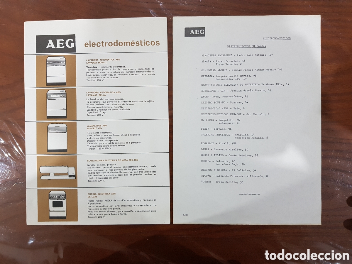Cat&aacute;logos publicitarios: AEG ELECTRODOM&Eacute;STICOS A&Ntilde;O 1966 ANTIGUO FOLLETO PUBLICITARIO Y LISTADO DE DISTRIBUIDORES EN MADRID