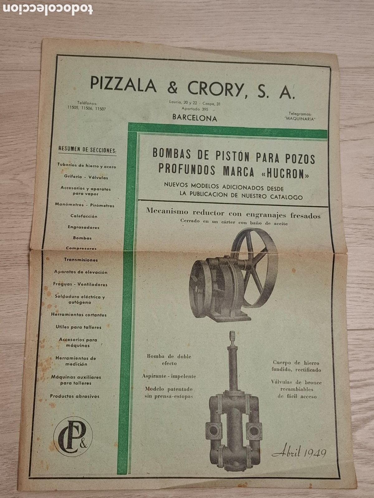 Cat&aacute;logos publicitarios: Pizzala & Crory, S.A. Barcelona, cat&aacute;logo 1949 Bombas de piston para pozos profundos marca Hucron