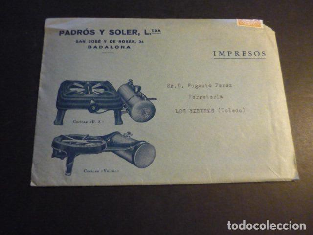 Cat&aacute;logos publicitarios: BADALONA BARCELONA FABRICA PADROS Y SOLER COCINAS PUBLICIDAD CON SOBRE 1935