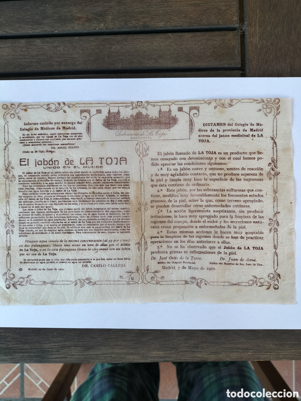 Cat&aacute;logos publicitarios: La Toja. Hoja Publicitar&iacute;a. Dictamen del Colegio de M&eacute;dicos de Madrid. 1910.