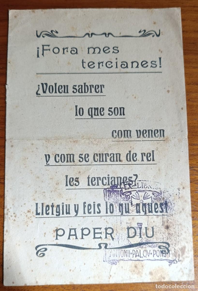 Cat&aacute;logos publicitarios: FORA M&Eacute;S TERCIANES. FOLLETO SOBRE LA CURA DEL PALUDISMO A SA POBLA, MURO I ALC&Uacute;DIA. MALLORCA. 1925.