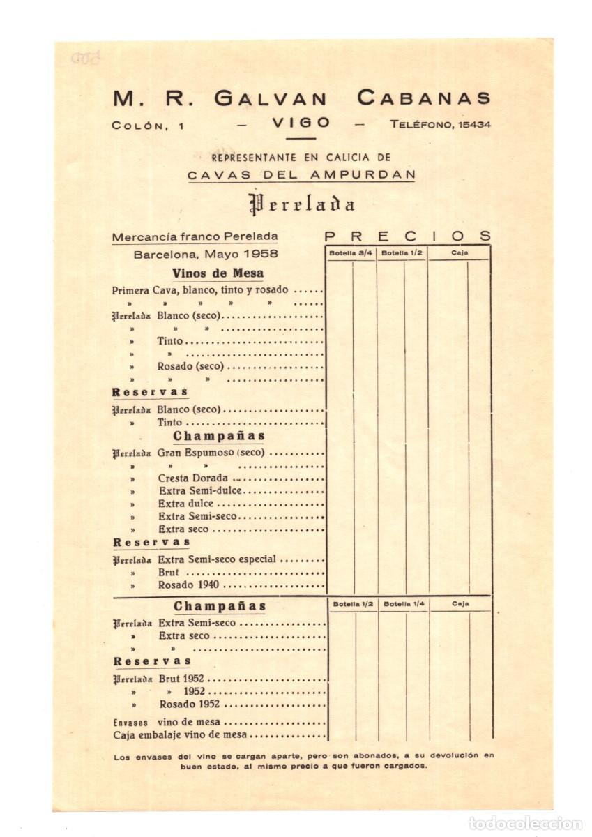 Cat&aacute;logos publicitarios: LISTA DE PRECIOS DE CAVAS DEL AMPURDAN DE PERELADA, MAYO DE 1958 EN BARCELONA.