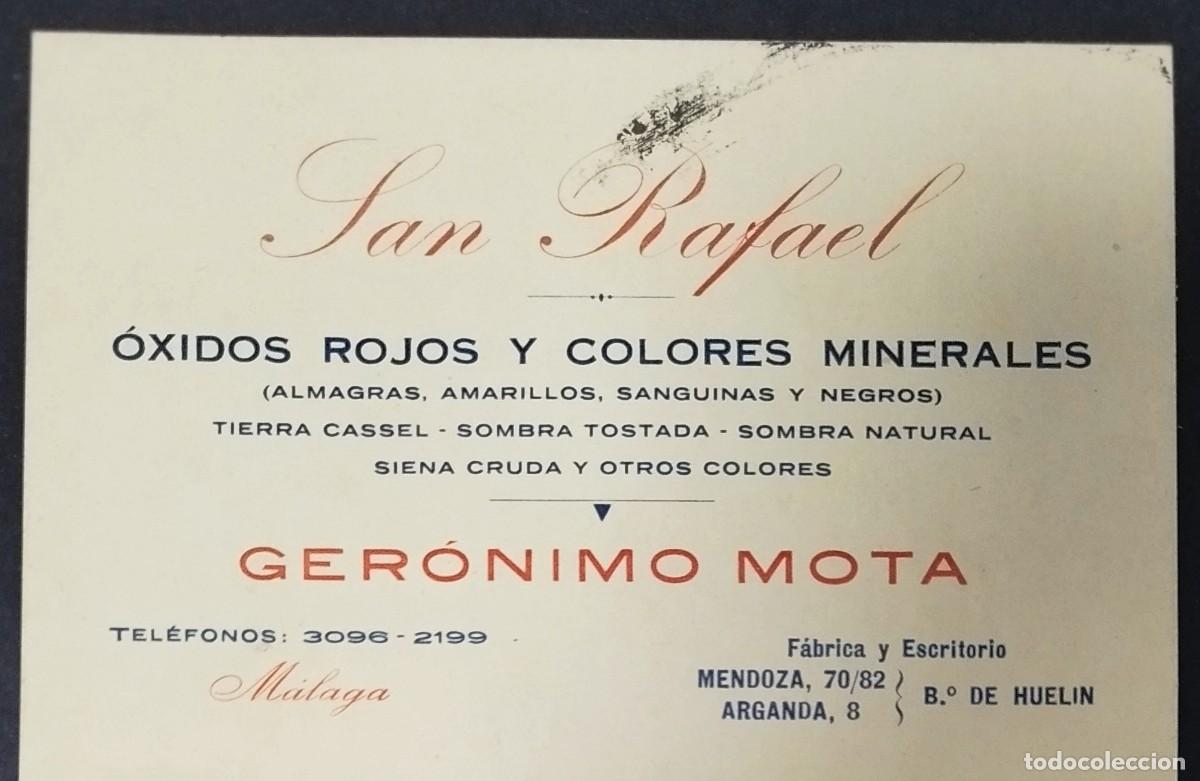 Cat&aacute;logos publicitarios: ANTIGUA TARGETA PUBLICITARIA: SAN RAFAEL. &Oacute;XIDOS ROJOS Y COLORES MINERALES. GERONIMO MOTA. MALAGA