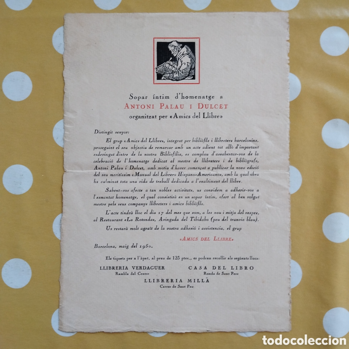 Cat&aacute;logos publicitarios: INVITACI&Oacute; SOPAR &Iacute;NTIM D'HOMENATGE A ANTONI PALAU I DULCET 1950 AMICS DEL LLIBRE