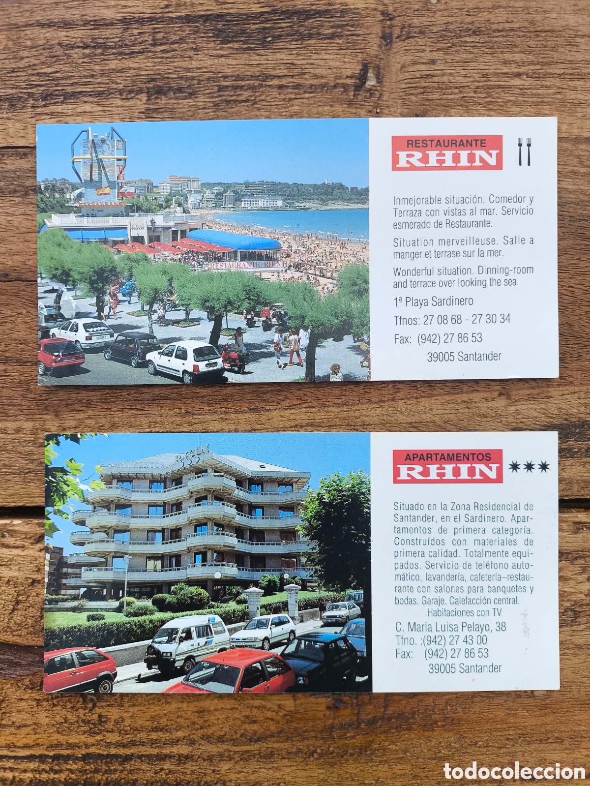 Cat&aacute;logos publicitarios: Lote tarjetas informaci&oacute;n publicidad apartamentos y restaurante RHIN El Sardinero Santander