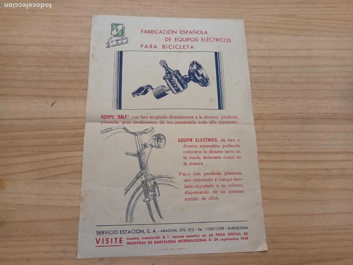 Cat&aacute;logos publicitarios: ANTIGUA PUBLICIDAD EQUIPO SALF PARA BICICLETA. LUZ FARO DINAMO FOCO. 1942 FERIA BARCELONA
