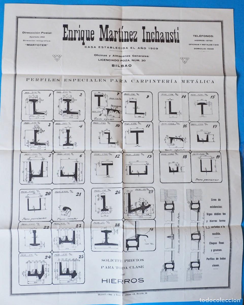 Cat&aacute;logos publicitarios: ANTIGUO CARTEL PUBLICITARIO: ENRIQUE MARTINEZ INCHAUSTTI. PERFELES CARPINTER&Iacute;A MET&Aacute;LICA. BILBAO