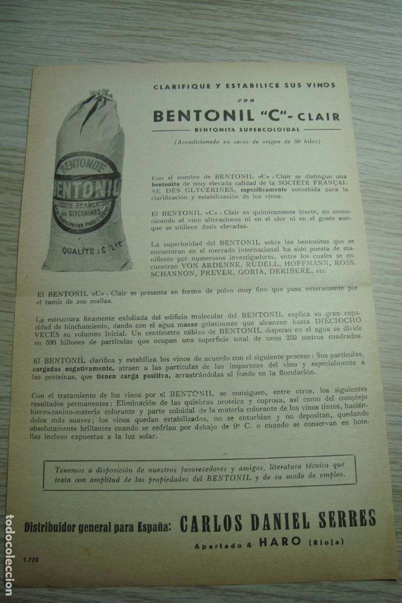 Cat&aacute;logos publicitarios: ANTIGUA PUBLICIDAD BENTONIL CLAIR. CARLOS DANIEL SERRES. HARO RIOJA.