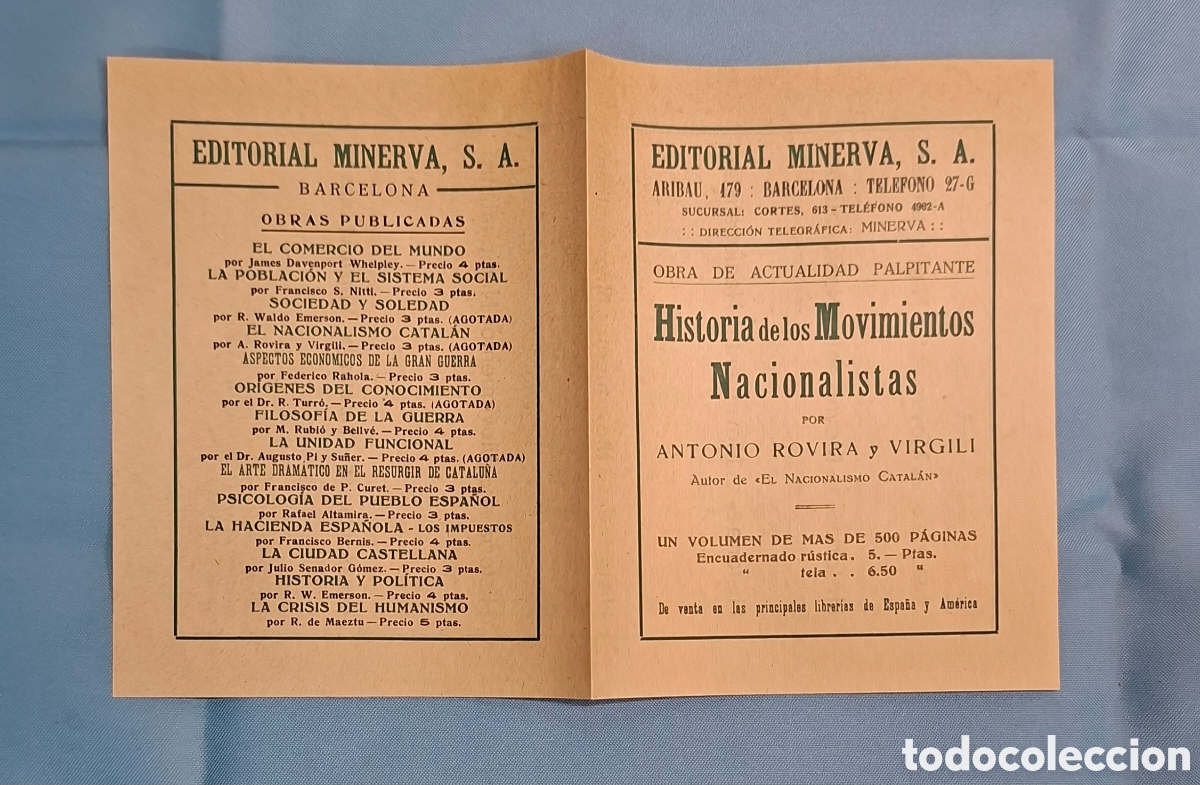 Cat&aacute;logos publicitarios: Cat&aacute;logo publicitario de la Editorial Minerva, S. A. en Barcelona.