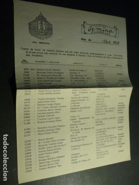 Cat&aacute;logos publicitarios: CURSOS FEMINA ACADEMIA CCC CORTE CONFECCION 1951 CUADRO DE HONOR
