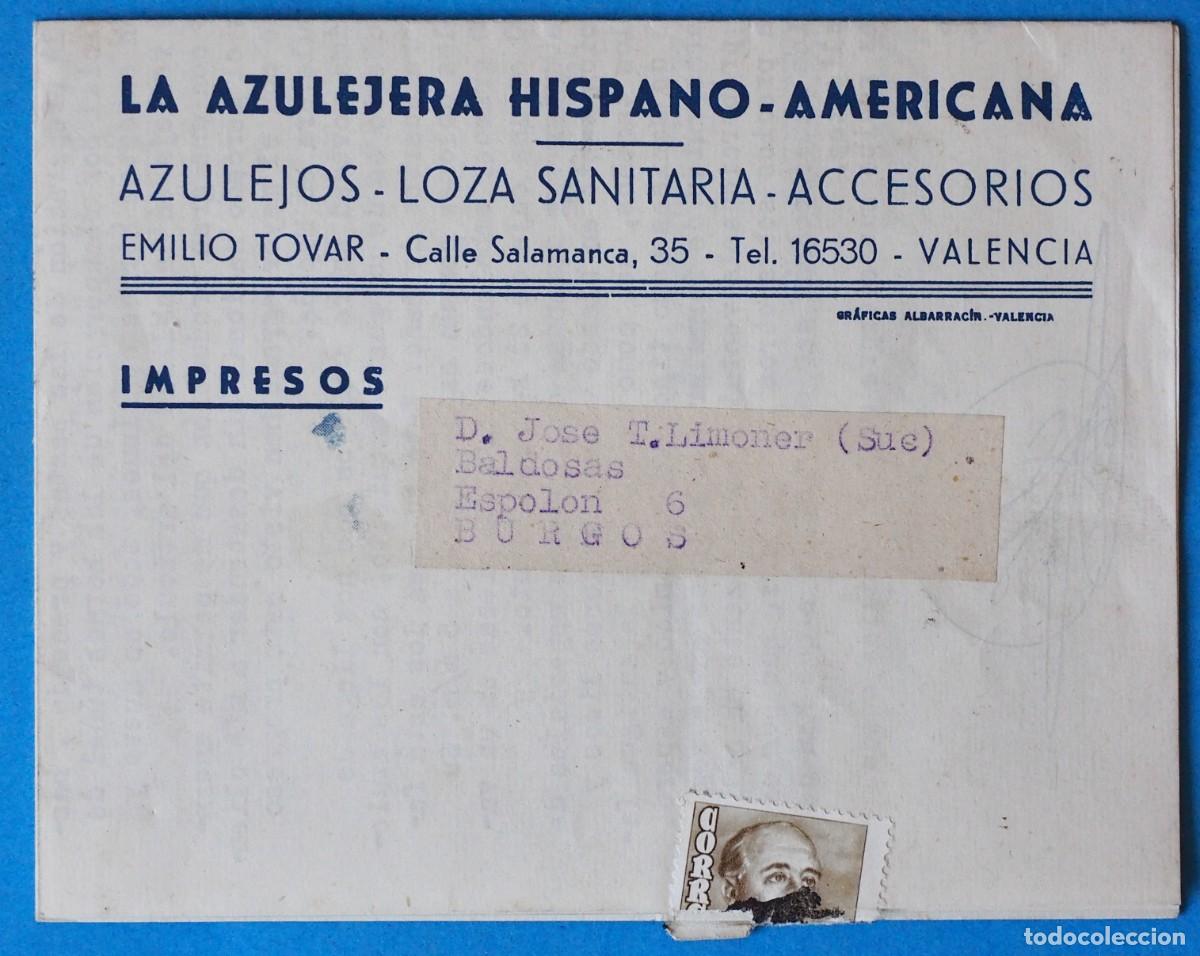 Cat&aacute;logos publicitarios: ANTIGUO SOBRE PUBLICITARIO: LA AZULEJERA HISPANO. AZULEJOS-LOZA SANITARIA. VALENCIA. A&Ntilde;O 1948