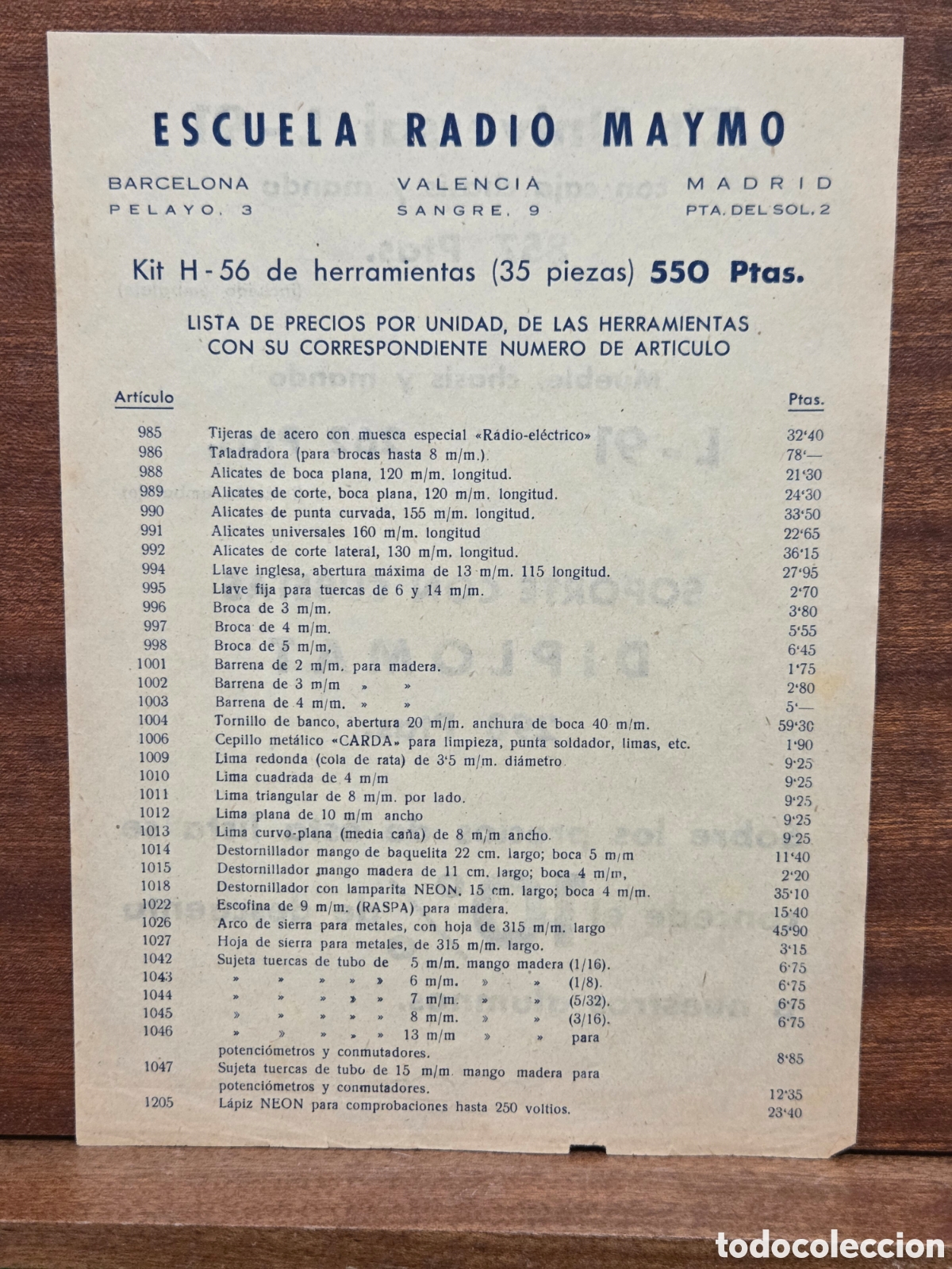 Cat&aacute;logos publicitarios: ANTIGUA LISTA DE PRECIOS...&rdquo;&rdquo;ESCUELA RADIO MAYMO&rdquo;&rdquo;...A&Ntilde;OS 60...BARCELONA. VALENCIA..MADRID...
