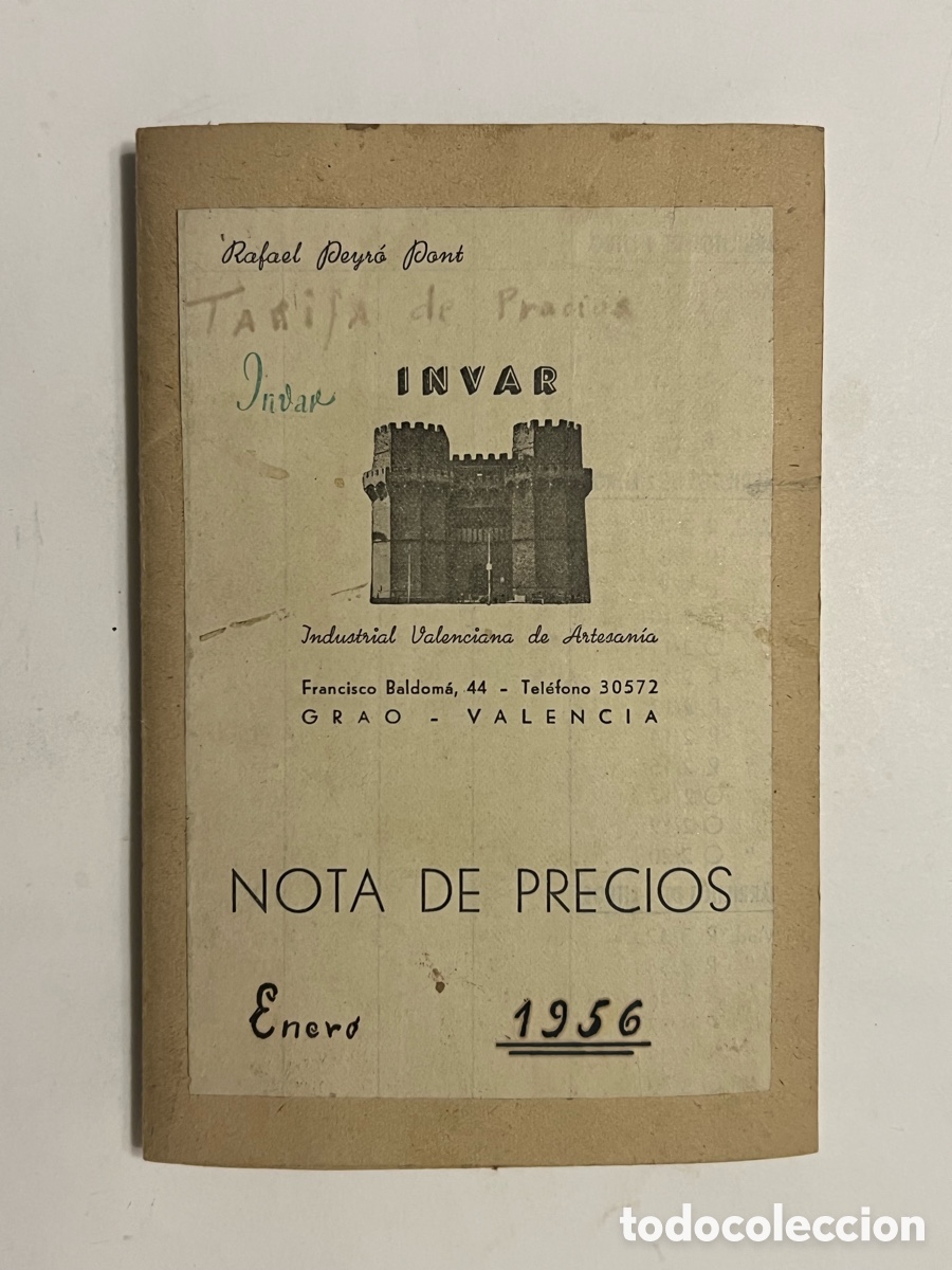 Cat&aacute;logos publicitarios: GRAO Valencia. INVAR, Industrial Valenciana de Artesan&iacute;a. Nota de precios (a.1956) Barriles