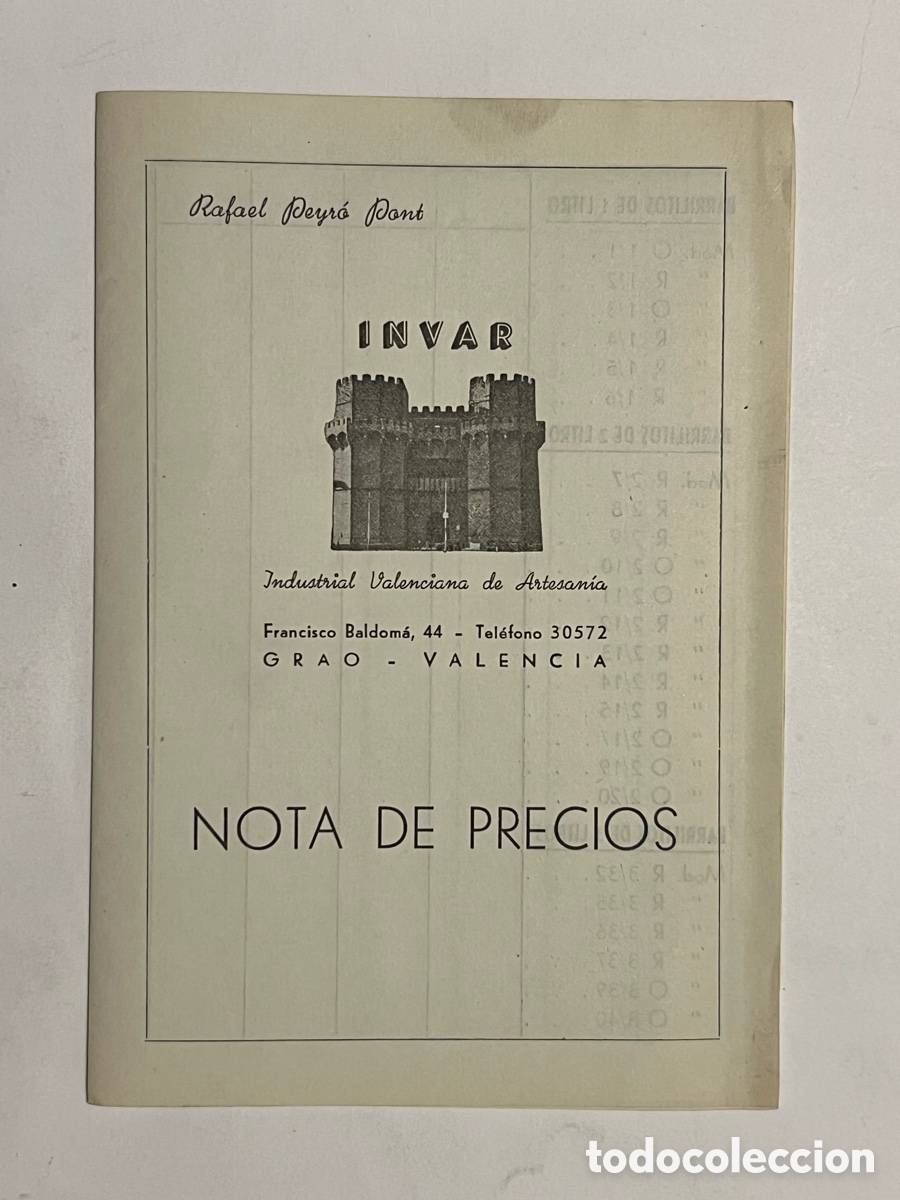 Cat&aacute;logos publicitarios: GRAO Valencia. INVAR, Industrial Valenciana de Artesan&iacute;a. Nota de precios (a.1956) Barriles
