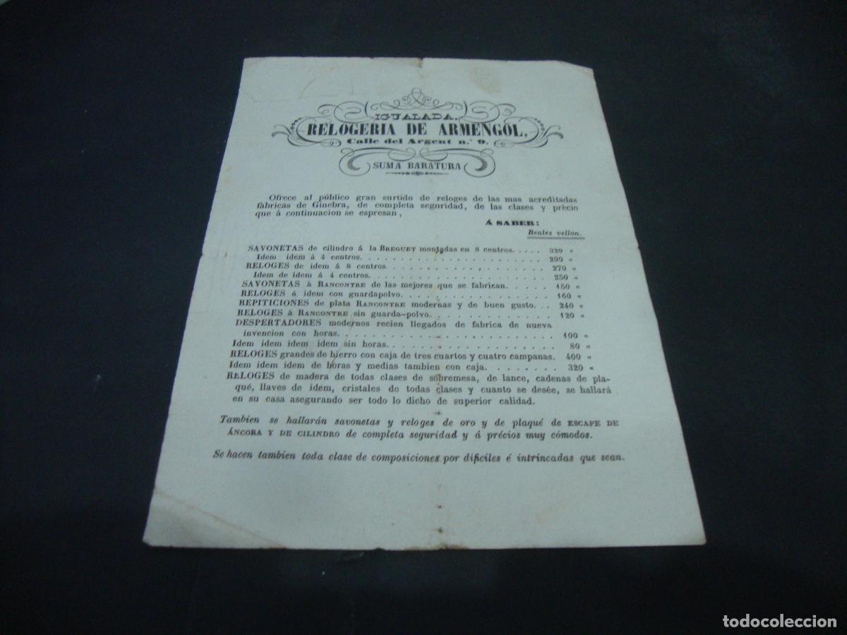 Cat&aacute;logos publicitarios: RARO FOLLETO PUBLICIDAD RELOGERIA DE ARMENGOL IGUALADA CON TARIFA PRECIOS DE RELOJES REALES VELLO