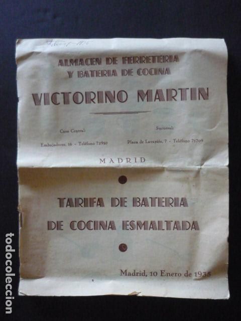 Cat&aacute;logos publicitarios: MADRID VICTORINO MARTIN ALMACEN FERRETERIA BATERIA COCINA TARIFA BATERIA COCINA ESMALTADA 1935