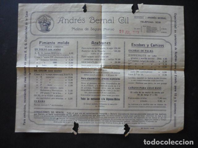 Cat&aacute;logos publicit&aacute;rios: MURCIA MOLINA DE SEGURA ANDRES BERNAL GIL AZAFRANES PIMENTONES CATALOGO 1927 27 X 21 CM