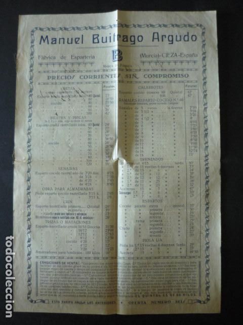 Cat&aacute;logos publicitarios: CIEZA MURCIA FABRICA DE ESPARTERIA MANUEL BUITRAGO ARGUDO HOJA PUBLICITARIA A&Ntilde;OS 30