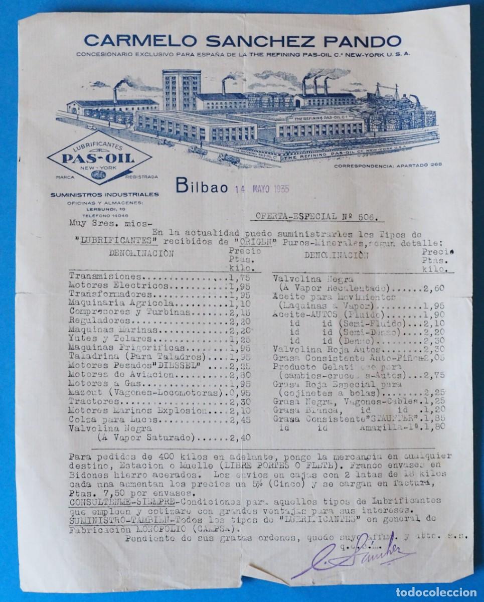 Cat&aacute;logos publicitarios: ANTIGUA FACTURA: CARMELO SANCHEZ PANDO. LUBRICANTES PAS-OIL. BILBAO MAYO 1935