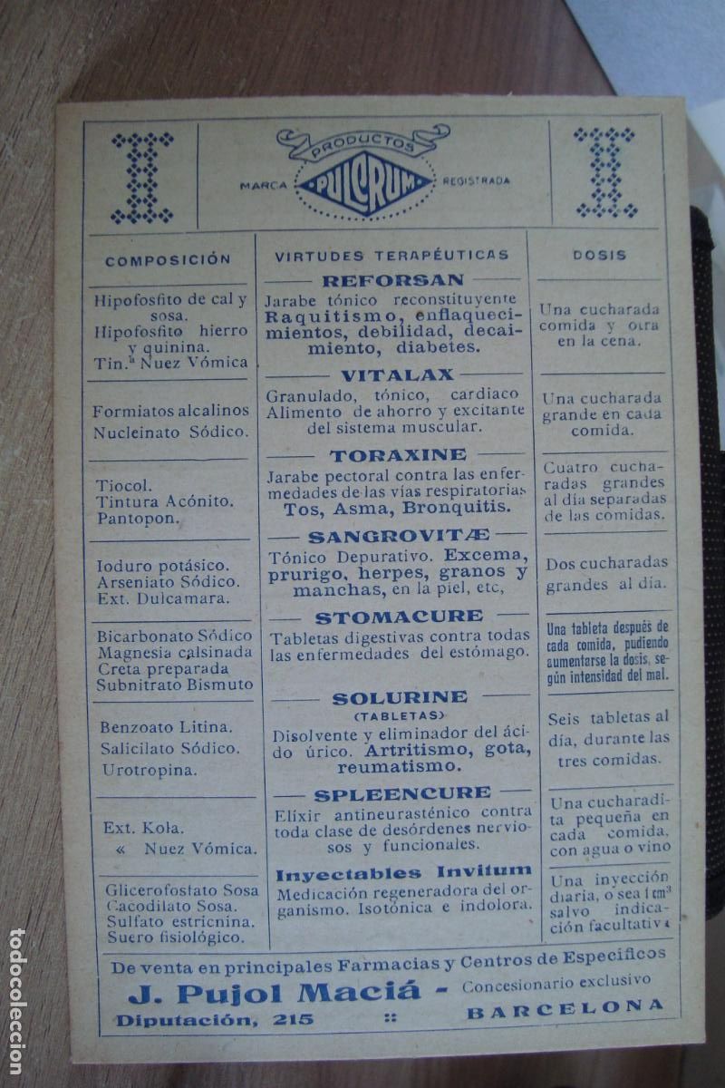Cat&aacute;logos publicitarios: ANTIGUA TARJETA VISITA MEDICA. PRODUCTOS PULCRUM. FARMACIAS J. PUJOL MACI&Aacute;. BARCELONA