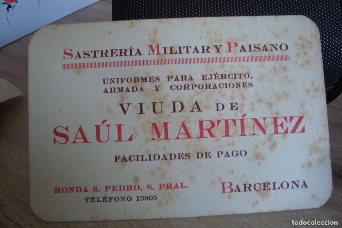 Cat&aacute;logos publicitarios: ANTIGUA TARJETA COMERCIAL VIUDA SAUL MARTINEZ. SASTRERIA MILITAR Y PAISANO. BARCELONA