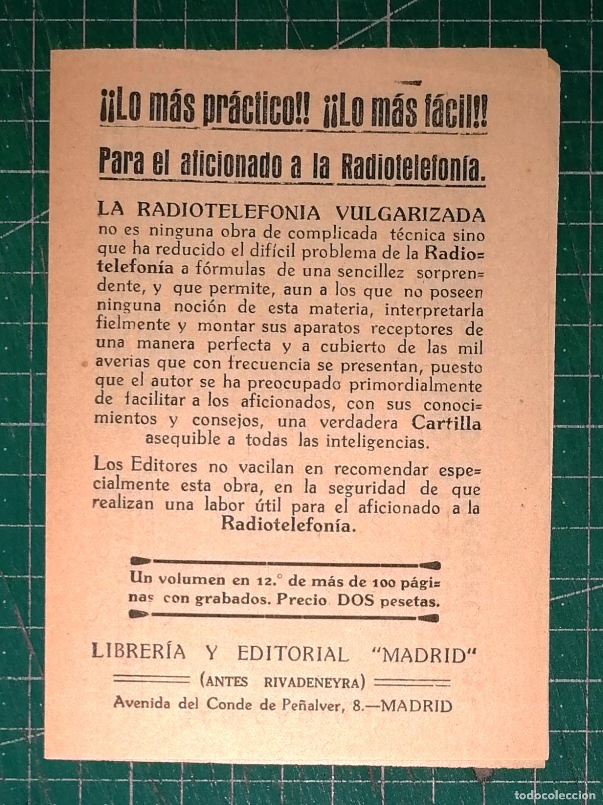 Cat&aacute;logos publicitarios: FOLLETO. PUBLICIDAD. LA RADIOTELEFON&Iacute;A VULGARIZADA.- Librer&iacute;a y Editorial Madrid (Rivadeneyra) 1924?