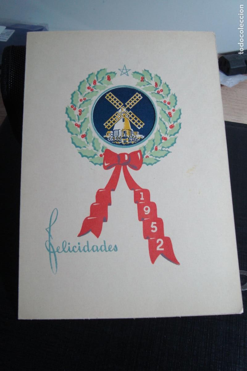 Cat&aacute;logos publicitarios: ANTIGUA TARJETA FELICITACION PRODUCTOS R. RIBA. FECULERIA EL MOLI VELL. CORNELLA LLOBREGAT 1952