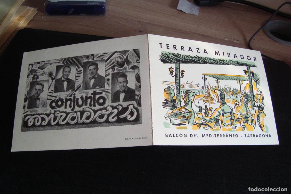 Cat&aacute;logos publicitarios: DIPTICO OBSEQUIO TERRAZA MIRADOR TARRAGONA 1955. HORARIOS TRENES. CONJUNTO MUSICAL MIRADOR'S