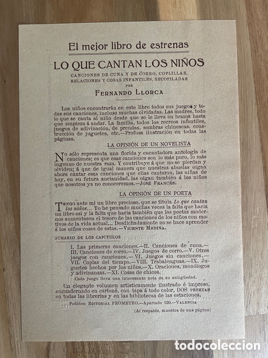 Cat&aacute;logos publicitarios: Rar&iacute;simo folleto publicitario del libro Lo que cantan Los ni&ntilde;os. Fernando Llorca.