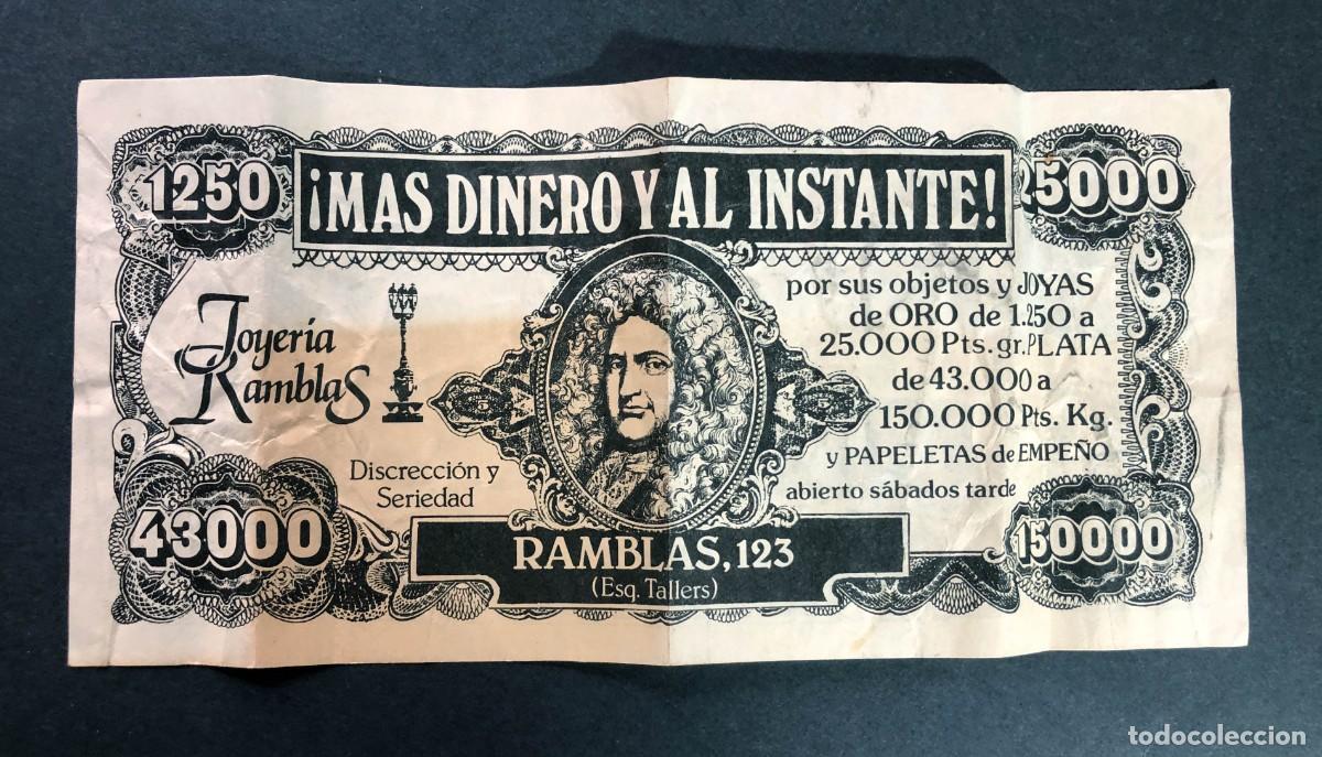 Cat&aacute;logos publicitarios: ANTIGUO BILLETE PUBLICIDAD / COMPRAMOS JOYAS DE ORO / JOYER&Iacute;A RAMBLAS - BARCELONA