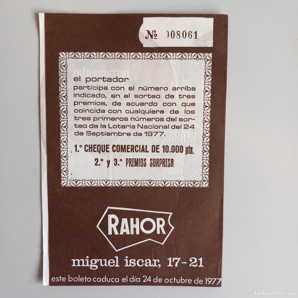 Cat&aacute;logos publicitarios: Antiguo Documento Sorteo RAHOR (Valladolid, 1977) - Foto 2