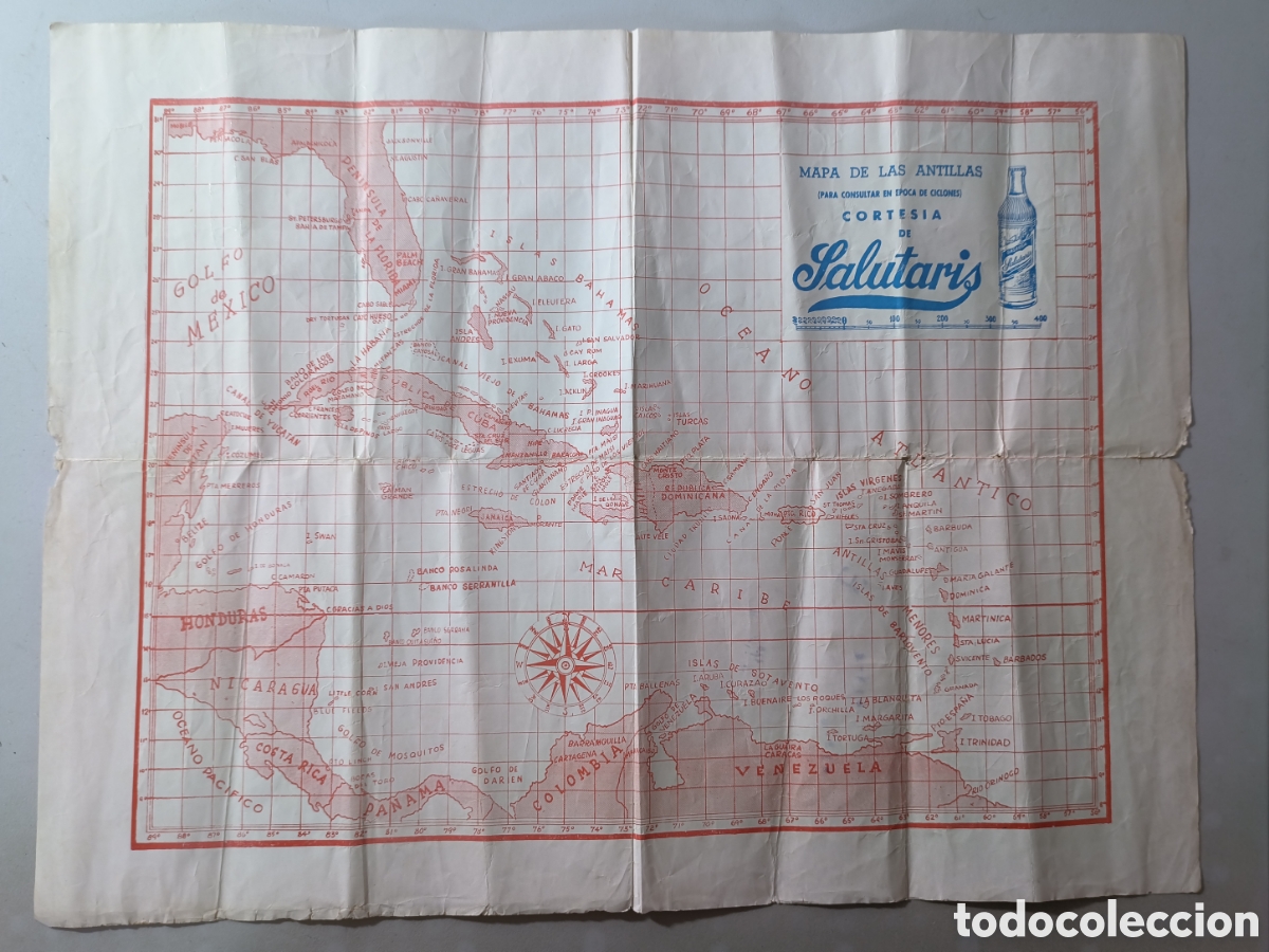 Cat&aacute;logos publicitarios: Cuba, espectacular mapa de las Antillas de la.marcs Salutaris ,circa 1950.