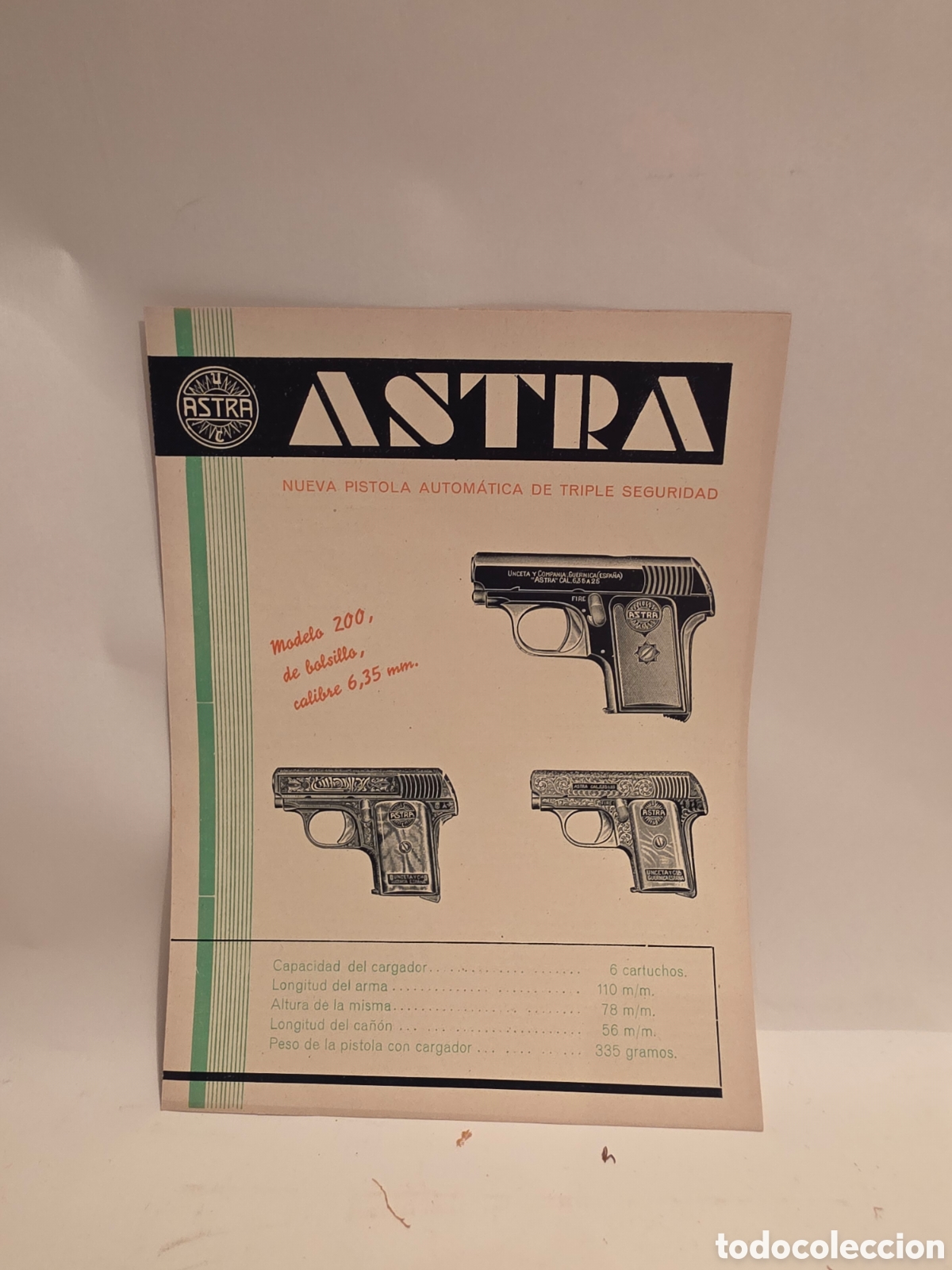 Cat&aacute;logos publicitarios: ASTRA UNCETA Y COMP. GUERNICA. ANTIGUOS CATALOGO PISTOLA AUTOMATICA.