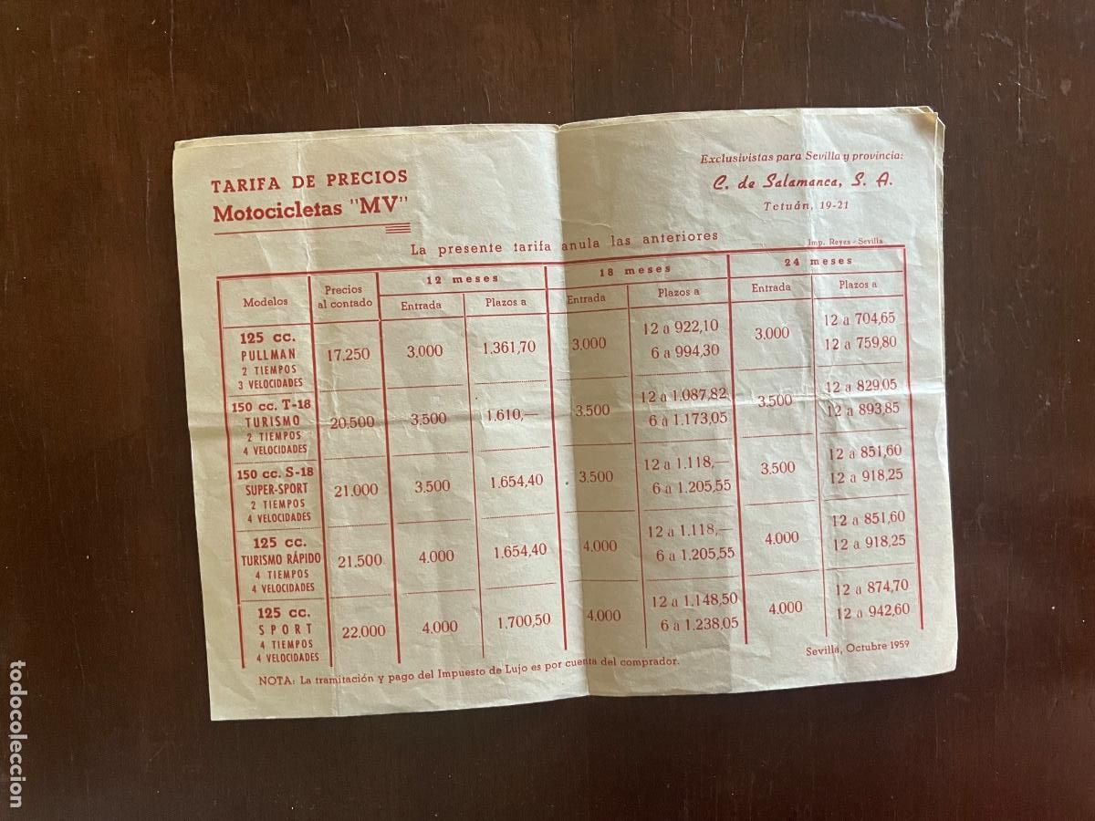 Cat&aacute;logos publicitarios: Tarifa de precios y formas de pago. Motocicletas MV. C. De Salamanca Sevilla enero 1959.