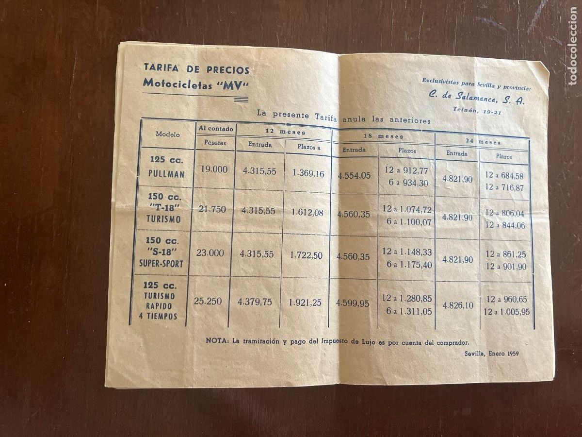 Cat&aacute;logos publicitarios: Tarifa de precios y formas de pago. Motocicletas MV. C. De Salamanca Sevilla enero 1959.